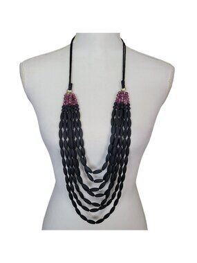J. Jill Hearthstone Statement Necklace Semi Precious Rhodonite & Black Beads NEW